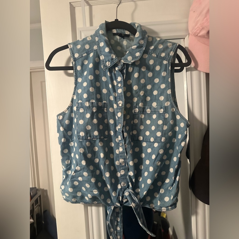 Forever 21 F21 Blue Denim Polka Dot Tie Collared Shirt Top Button Down Women L